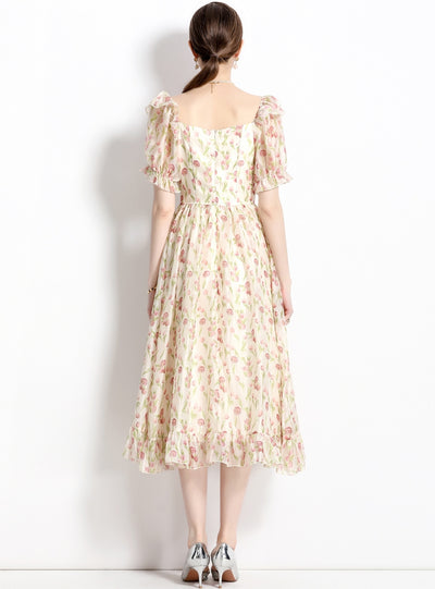 Bubble Sleeve Floral Chiffon Dress