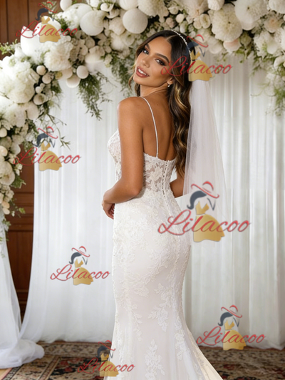 White Mermaid Tulle Lace Straps Wedding Dress