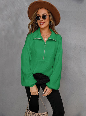 Pullover Zipper Lapel Solid Color Sweater