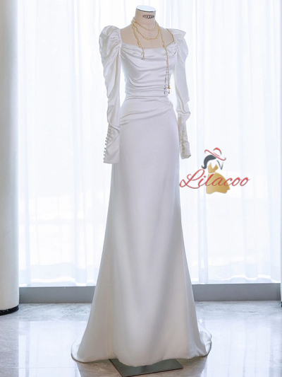 White Satin Long Sleeve Pleats Wedding Dress