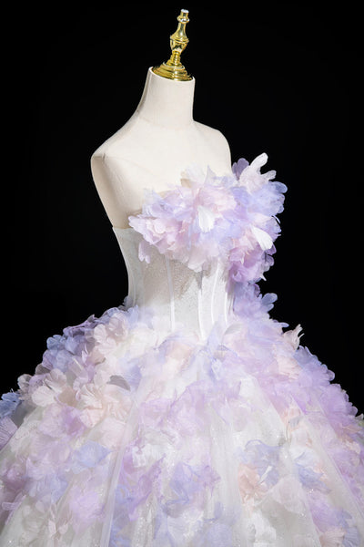 White Tulle Strapless Purple Appliques Dress