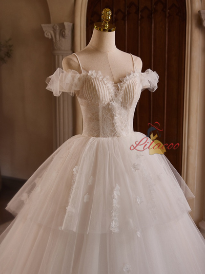 White Tulle Lace Beading Wedding Dress