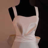 White Satin Straps Pleats Wedding Dress