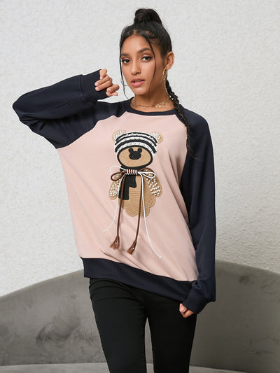 Cartoon Bear Beaded Round Neck Long Sleeve Shirt
