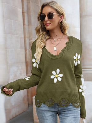 Hole Long Sleeve Loose Small Flower V-neck Sweater