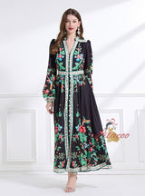 V-neck Floral Printed Lantern Sleeve Ruffled Dress