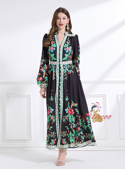 V-neck Floral Printed Lantern Sleeve Ruffled Dress