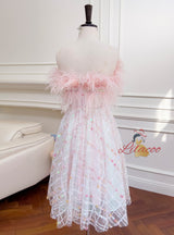 Pink Sequins Strapless Feather Prom Dress
