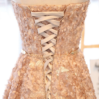 Champagne Lace Strapless Homecoming Dress