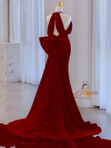 Burgundy Mermaid Halter Bow Prom Dress