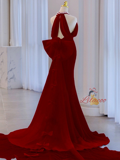 Burgundy Mermaid Halter Bow Prom Dress