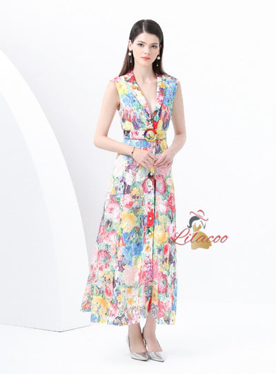 Sleeveless Lace Floral Print Long Dress