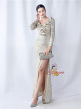 Long Sleeve V-neck Sequins Split Prom Dress