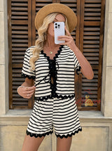 Casual Striped Lace Stitching Two-piece Suit