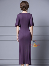 Purple V-neck Pleats Mother Of The Bride Dress
