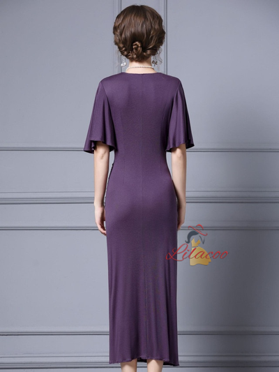 Purple V-neck Pleats Mother Of The Bride Dress