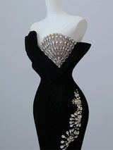 Black Mermaid Velvet Strapless Crystal Prom Dress