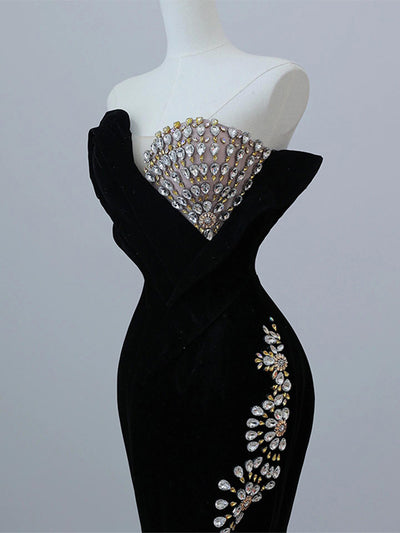 Black Mermaid Velvet Strapless Crystal Prom Dress