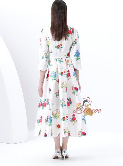 V-neck Long Sleeve Long Retro Print Dress