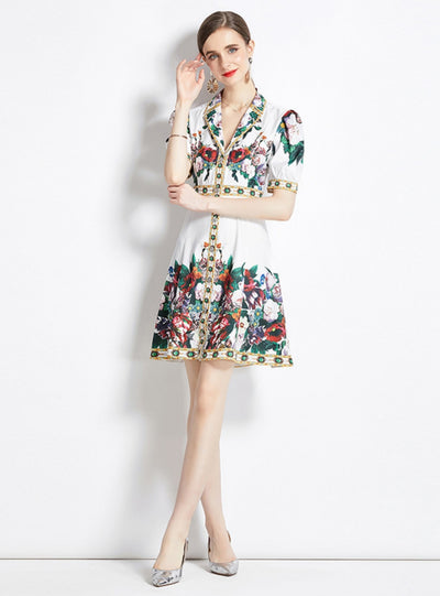 Retro Printed Short-sleeved Shirt Dress