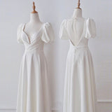 White Satin Square Puff Sleeve Pearls Wedding Dress