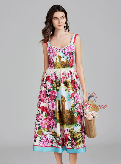 Women Slim Printed Suspenders Dress