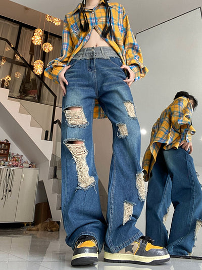 Vintage Ripped High Waist Loose Wide Leg Jeans
