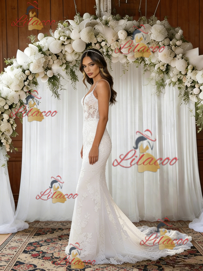 White Mermaid Tulle Lace Straps Wedding Dress