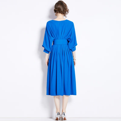 Bat Sleeve High Waist Pleated Dress with Belt