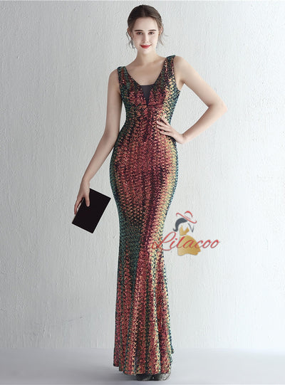 V-neck Mermaid Sequins Prom Dress