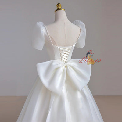 White Organza Puff Sleeve Bow Wedding Dress