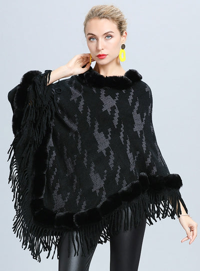 Geometric Jacquard Fur Collar Tassel Pullover Cloak