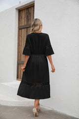 Solid Color V-neck Openwork Loose Dress