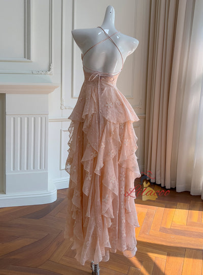 Halter Embroidered Irregular Dress