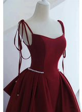 Burgundy Satin Spaghetti Straps Bow Prom Dress