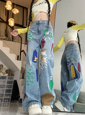 Retro Painted Hole High Waist Loose Jeans