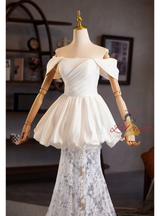 White Mermaid Lace Pleats Wedding Dress