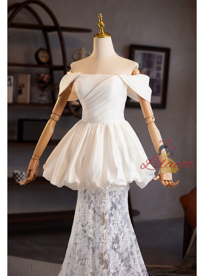 White Mermaid Lace Pleats Wedding Dress
