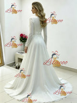 White Chiffon Long Sleeve Pleats Beading Wedding Dress