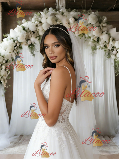 White Tulle Lace V-neck Wedding Dress