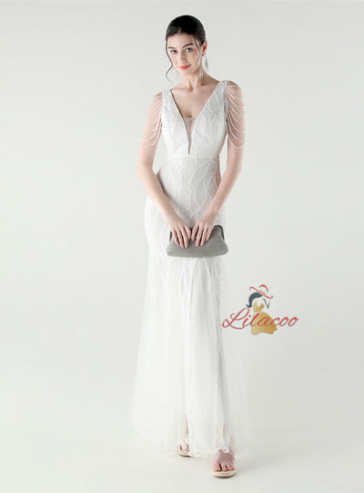 Mermaid Sequins Tulle V-neck Beading Prom Dress