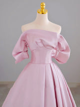 Pink Satin Off the Shoulder Pearls Prom Dress