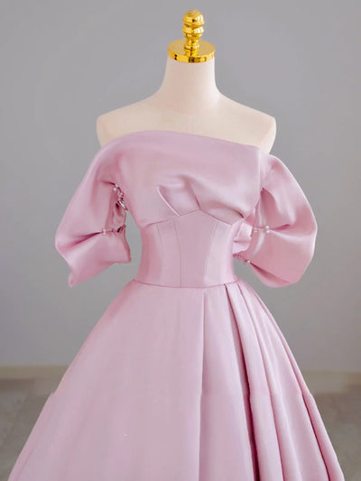 Pink Satin Off the Shoulder Pearls Prom Dress