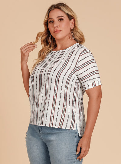 Loose Round Neck Casual Striped T-shirt