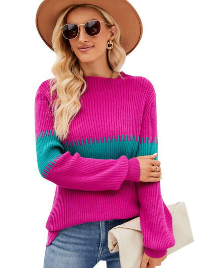 Contrast Stitching Semi-turtleneck Loose Sweater