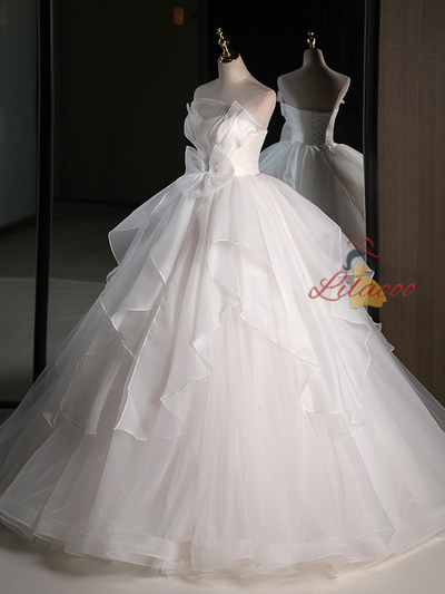 White Tulle Strapless Bow Pleats Wedding Dress