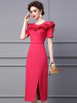 Fuchsia Short Sleeve 3D Flower Mother Of The Bride Dress