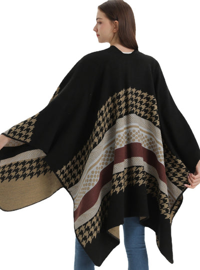 Retro Cashmere Striped Houndstooth Cloak Scarf