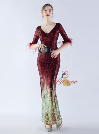 V-neck Short Sleeve Sequins Prom Dress