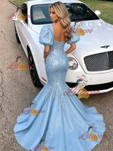 Blue Mermaid Sequins Puff Sleeve Prom Dress